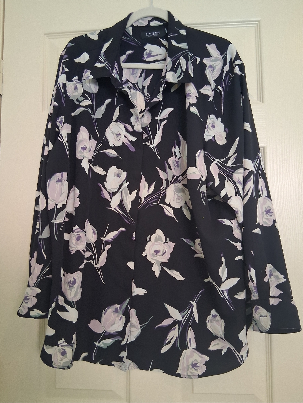 Lauren Ralph Lauren Black Floral Button-Front Blouse with Lavender Accents